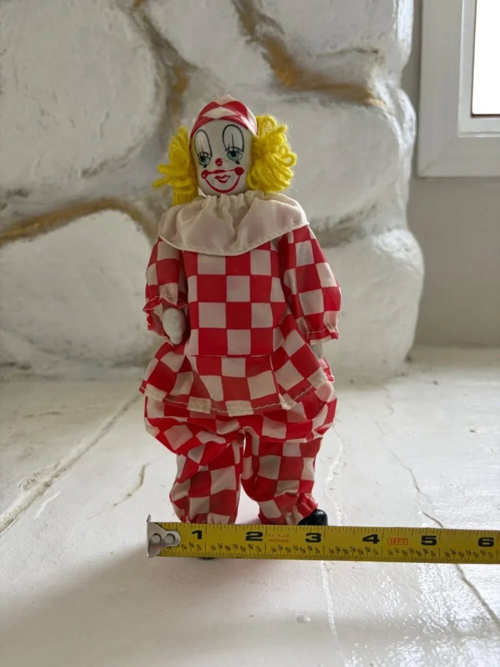 Vintage Red & White Harlequin Checkeredboard Clown Doll Yarn Hair Figurine - Picture 13 of 14